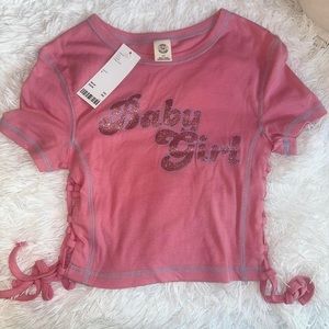 Urban Outfitters Baby Girl Glitter Lace up Side Baby Tee💖 Y2K Barbie pink top
